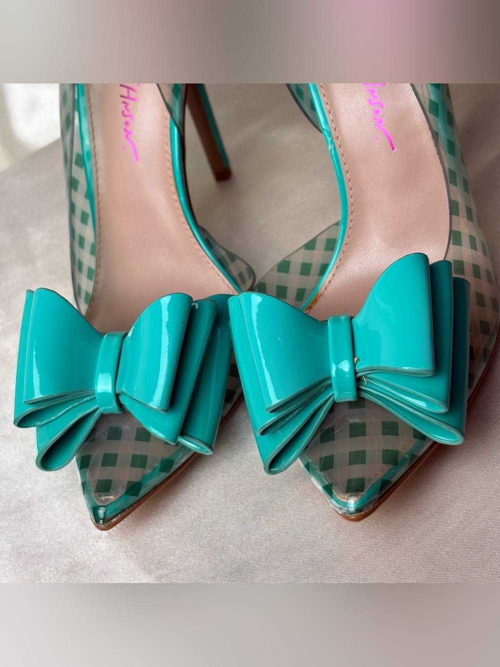 Betsey Johnson Teal Gingham & Clear Vinyl Heels - Picture 3 of 9